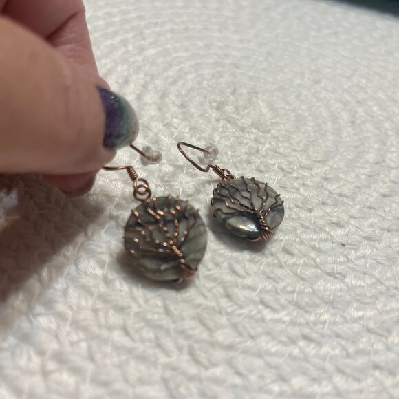 Rustic ZEBRA CALCITE Handmade COPPER WIRE-WRAPPED Dangle Earrings #163D - Picture 3 of 3